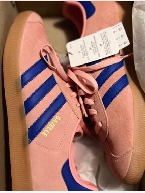 adidas Gazelle Pink Suede Sneakers with Blue Stripes